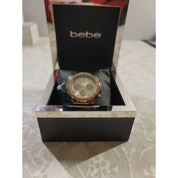Bebe Womens Stainless Steel Rose Gold Color Bling Watch Black Leather Band main image 8
